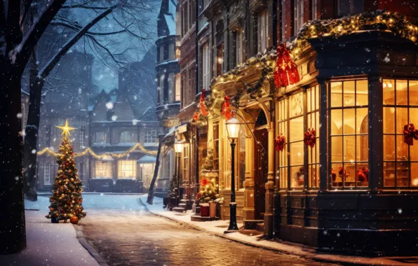 Зима, снег, украшения, ночь, город, lights, улица, елка