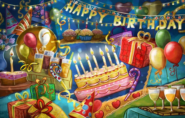 Картинка шарики, день рождения, праздник, подарки, торт, happy, поздравление, birthday