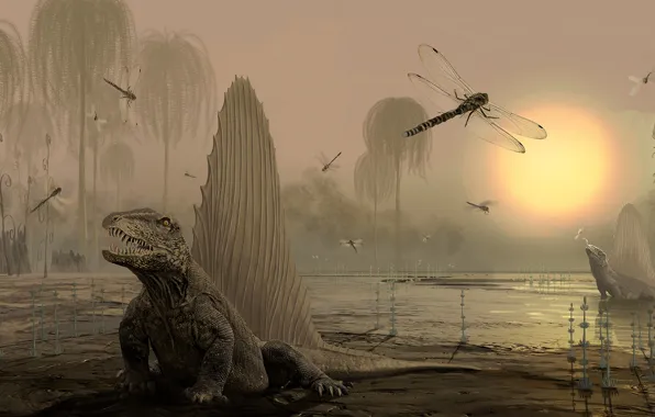 Растительность, водоём, ящеры, Dimetrodon, динозавря