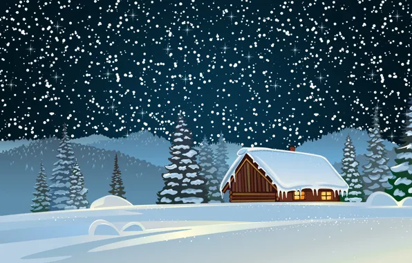 Зима, Снег, Лес, Дом, Рождество, Елки, Фон, Новый год