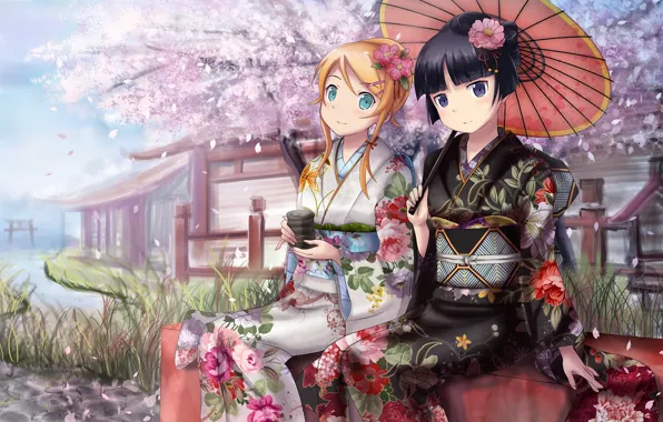 Картинка река, зонтик, девушки, чай, зонт, лепестки, сакура, кимоно