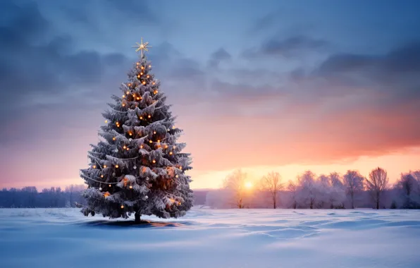 Новый Год, snow, зима, fir tree, Christmas, ночь, night, decoration