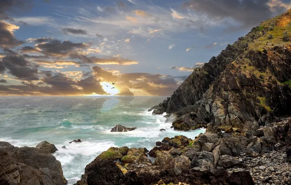 Картинка море, небо, облака, закат, птицы, камни, берег, Австралия