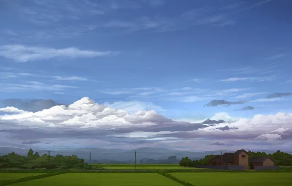 Картинка зелень, трава, облака, пейзаж, дома