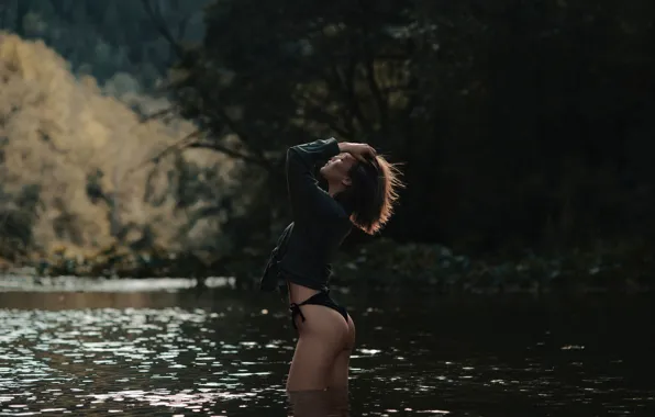 Ass, nature, lake, model, women, brunette, bikini, shirt