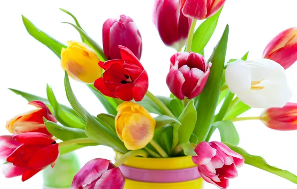 Картинка цветы, яркие, красота, букет, лепестки, тюльпаны, красные, ваза
