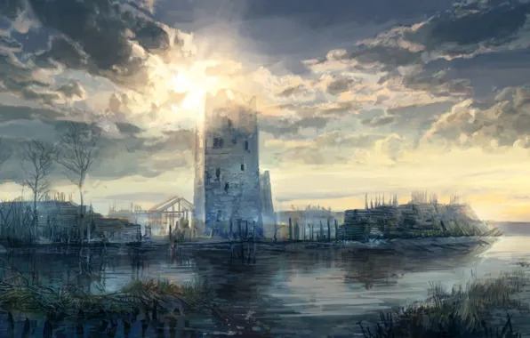 Картинка небо, облака, деревья, озеро, башня, арт, крепость, Ведьмак 3: Дикая Охота
