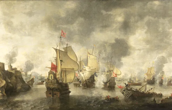 Масло, картина, холст, 1656, Abraham Beerstraten, Абрахам Берстратен, Битва объединенных венецианских и голландских флот