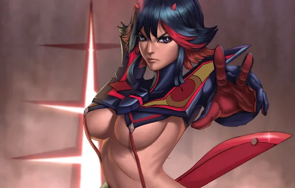 Грудь, девушка, меч, арт, рожки, Ryuko