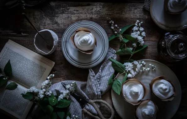 Flowers, cupcake, book