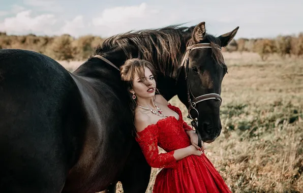 Взгляд, девушка, поза, конь, лошадь, шатенка, красное платье, Мила Агафонова