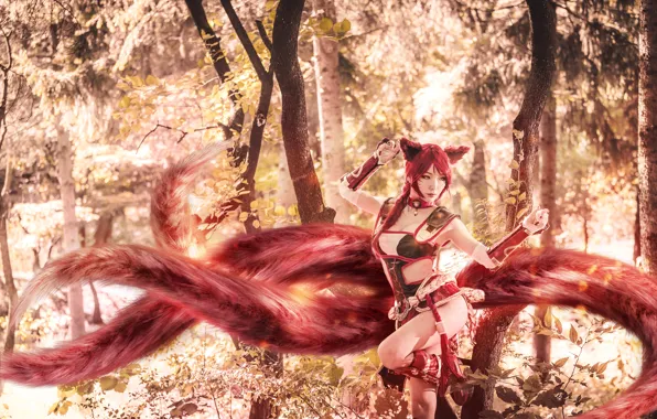 Девушка, Лиса, Азиатка, Girl, Fox, Fire, Asian, League of Legends