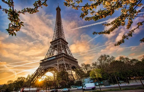 Картинка Франция, Париж, весна, Paris, blossom, France, spring, Eiffel Tower
