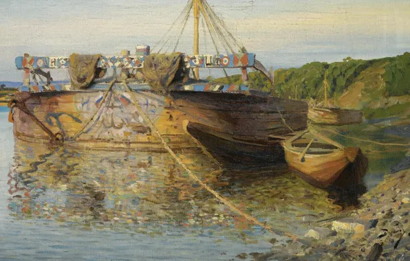 Картинка пейзаж, берег, лодка, картина, Василий Поленов, Баржа на реке Оке