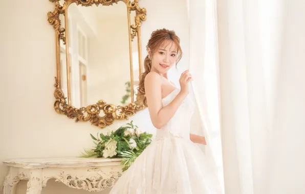 Картинка взгляд, стиль, платье, азиатка, невеста