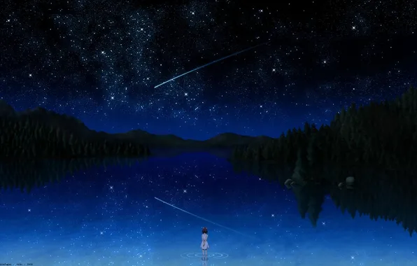 Картинка небо, вода, звезды, девочка, падающая звезда