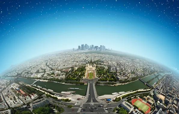 Картинка небо, космос, мост, река, Франция, Париж, дома, панорама
