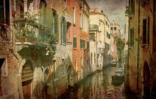 City, город, Италия, Венеция, канал, vintage, Italy, гондола