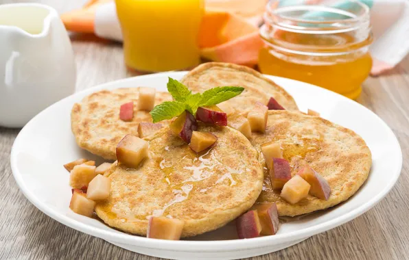 Картинка завтрак, мед, honey, pancakes, оладьи, Breakfast, листики мяты, mint leaves