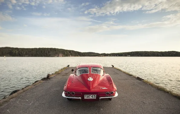 Озеро, Corvette, Chevrolet, пирс, сзади, Sting Ray, 1963, задние фонари