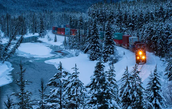Картинка зима, лес, снег, озеро, поезд, ели, Канада, Альберта