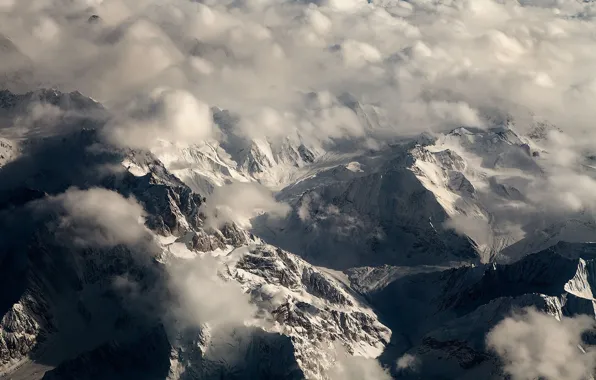 Картинка landscape, mountains, clouds, snow, top view