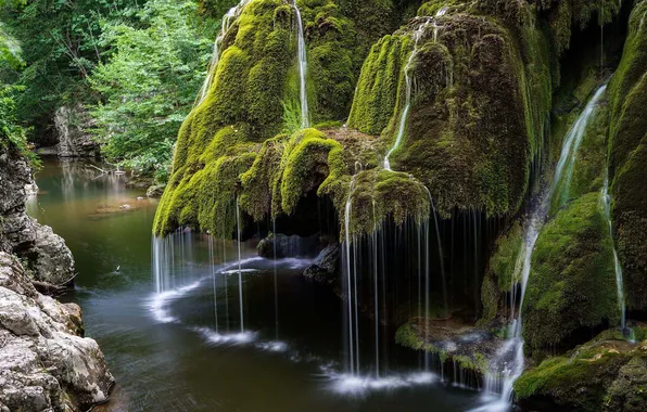 Картинка природа, река, скалы, водопад, мох