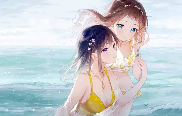 Sexy, cleavage, long hair, sea, girls, brown hair, boobs, anime