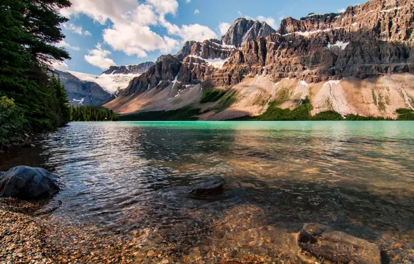 Картинка снег, горы, река, камни, Канада, Canada, nature, деревья.