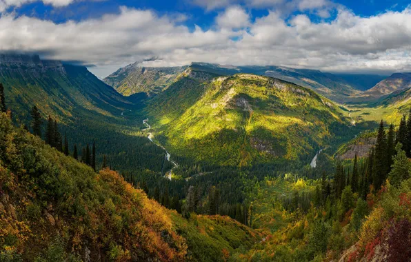 Осень, лес, облака, свет, горы, склоны, вид, высота