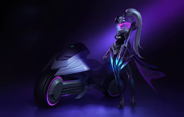 Девушка, мотоцикл, League Of Legends, Vayne