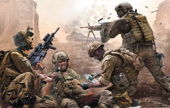 Картинка война, солдаты, стрельба, раненый, Modern US infantry