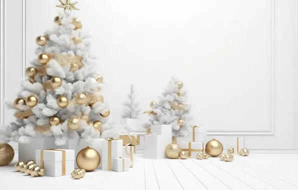 Картинка шары, елка, Новый Год, Рождество, подарки, golden, white, new year