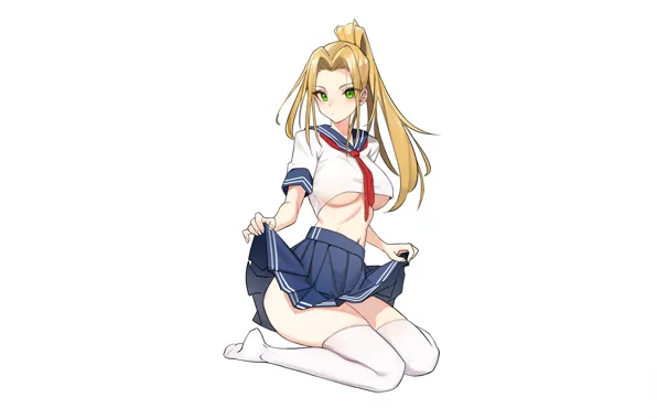 Girl, sexy, cleavage, school uniform, thighhighs, green eyes, long hair, boobs