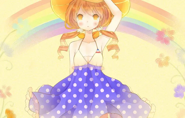 Девушка, цветы, радуга, шляпа, аниме, арт, yuki, mad.usagi