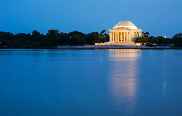 Картинка небо, озеро, здание, колонны, ступени, Вашингтон, США, мемориал Джеефферсона