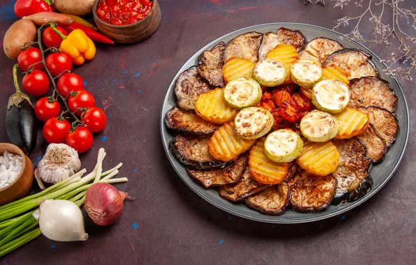 Картинка vegetables, potatoes, dark space, eggplants, fresh vegetables, baked