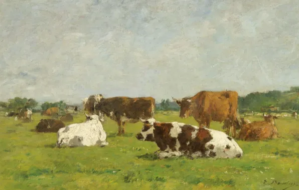 Картинка животные, картина, Эжен Буден, Коровы на Пастбище, Eugene Boudin