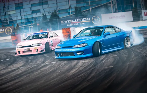 Nissan, drift, smoke, blue, tuning, pink, silvia, s15