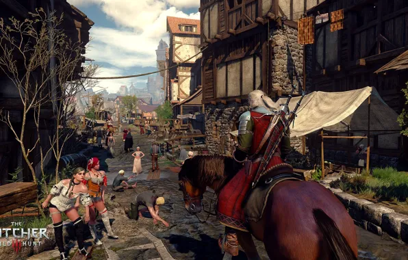 Картинка город, лошадь, ведьмак, horse, Геральт из Ривии, The Witcher 3: Wild Hunt, Geralt, Ведьмак 3: …