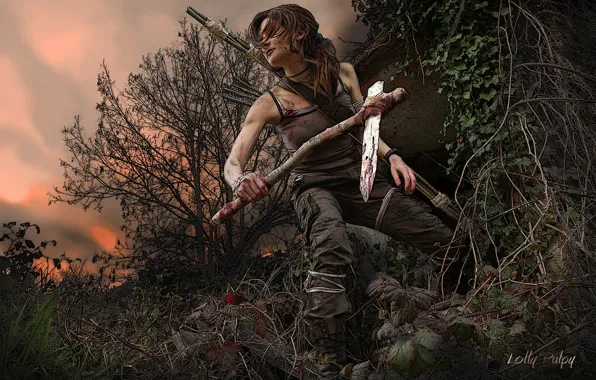 Картинка небо, листья, девушка, деревья, закат, ветки, оружие, волосы, арт, Tomb Raider, лара крофт, Lara Croft