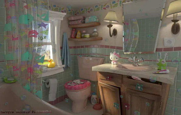 Картинка игрушки, интерьер, арт, ванная, китти, детская, Retro kids bathroom, Sergio Raposo Fernández
