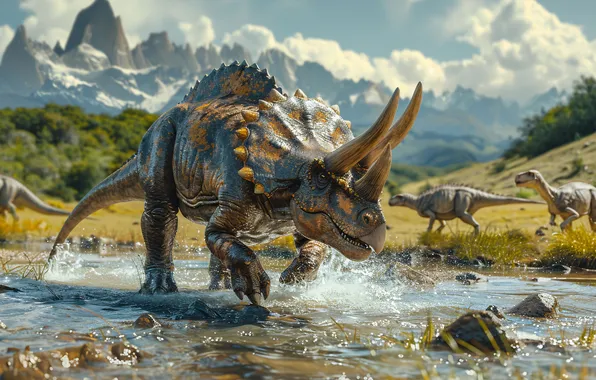 Вода, Облака, Горы, Деревья, Динозавр, Рога, Речка, Triceratops