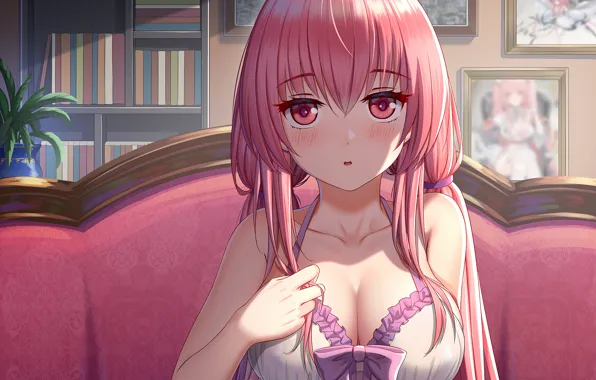 Girl, sexy, cleavage, babydoll, pink hair, long hair, boobs, anime