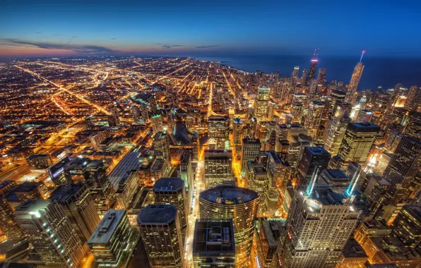 Картинка огни, здания, Чикаго, ночной город, Chicago, небоскрёбы