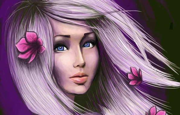 Картинка взгляд, девушка, лицо, волосы, розовые, цветки