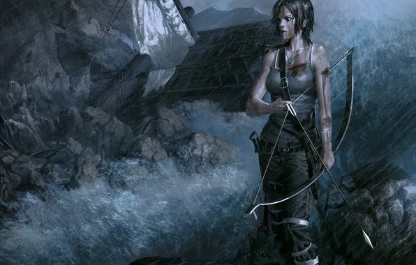Картинка девушка, дом, камни, оружие, лук, арт, стрела, Lara Croft