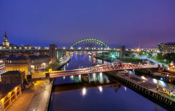 Река, Англия, мосты, ночной город, England, Gateshead