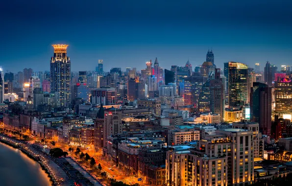 Картинка China, здания, панорама, Китай, Shanghai, Шанхай, ночной город, набережная