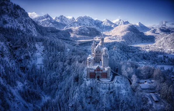 Зима, лес, горы, замок, Германия, Бавария, Germany, Bavaria